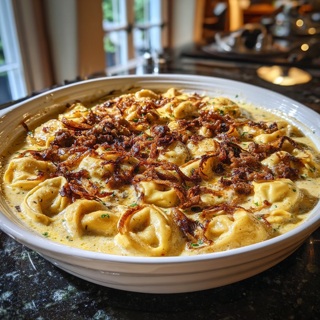Garlic Steak Tortellini with Crispy Onions